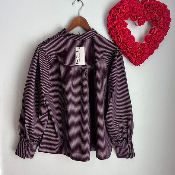 Evidnt Womens Balloon Sleeve Silky Oversized High Neck Blouse Large Navy Red Str - Picture 4 of 9